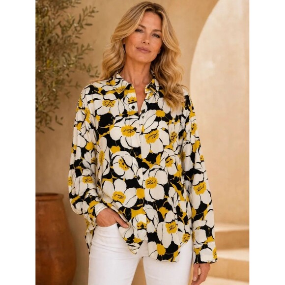 Karl Lagerfeld Tops - Karl Lagerfeld Paris Women's Floral Button Front Blouse White Black Yellow XL